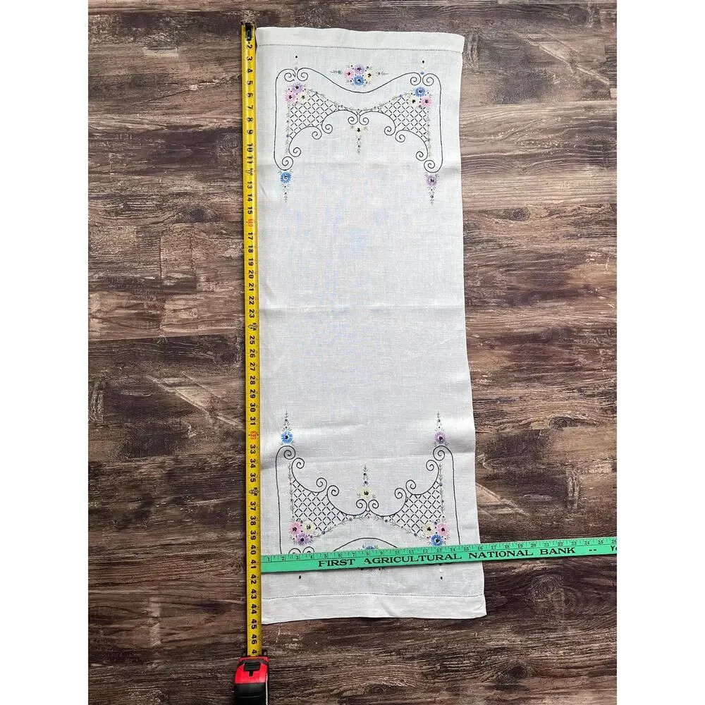 Vintage Hand Embroidered Linen Table Runner, Floral Cottagecore Linen